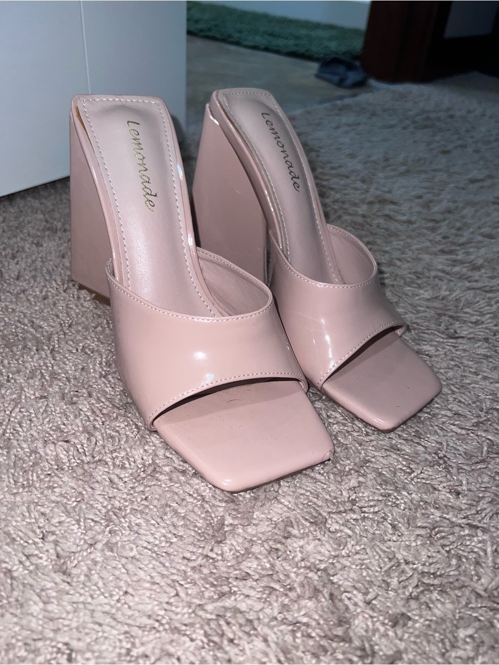 Lemonade Blush Patent Square-Toe Block Heel Mules
